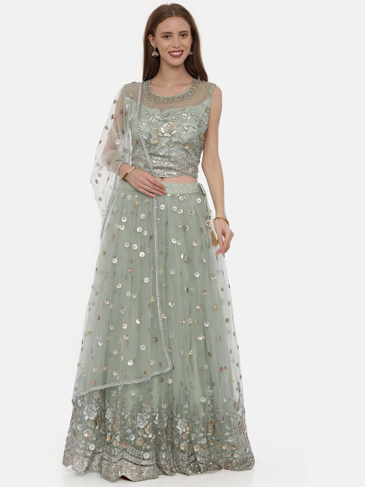 Neerus Green net embellished lehenga set - detail view 3