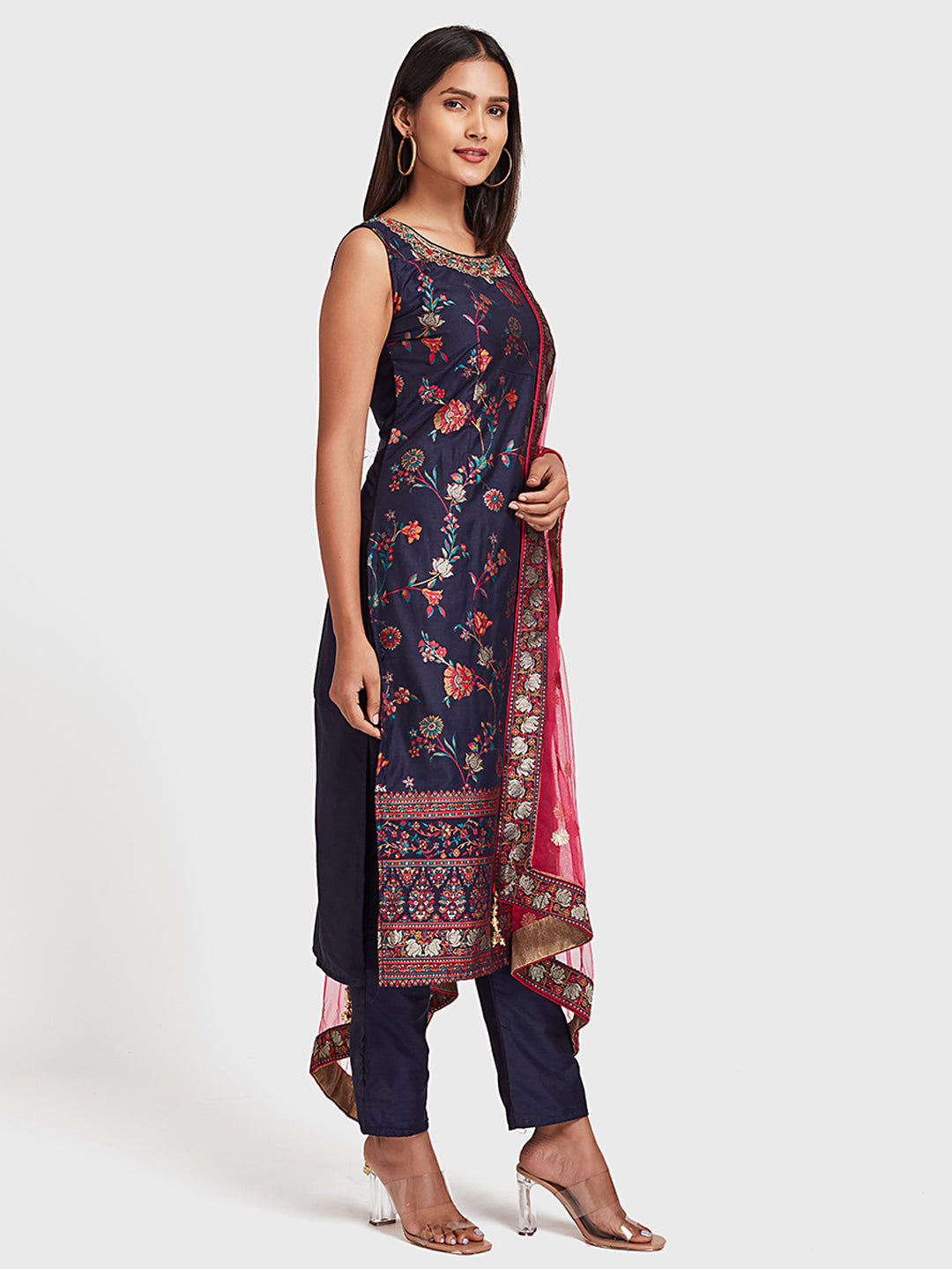 Neerus Blue muslin solid suit pant set - front view
