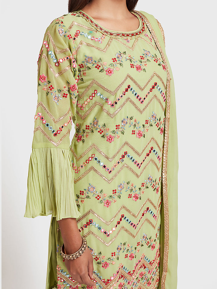 Neerus Green embellished anarkali sharara set - detail view 1
