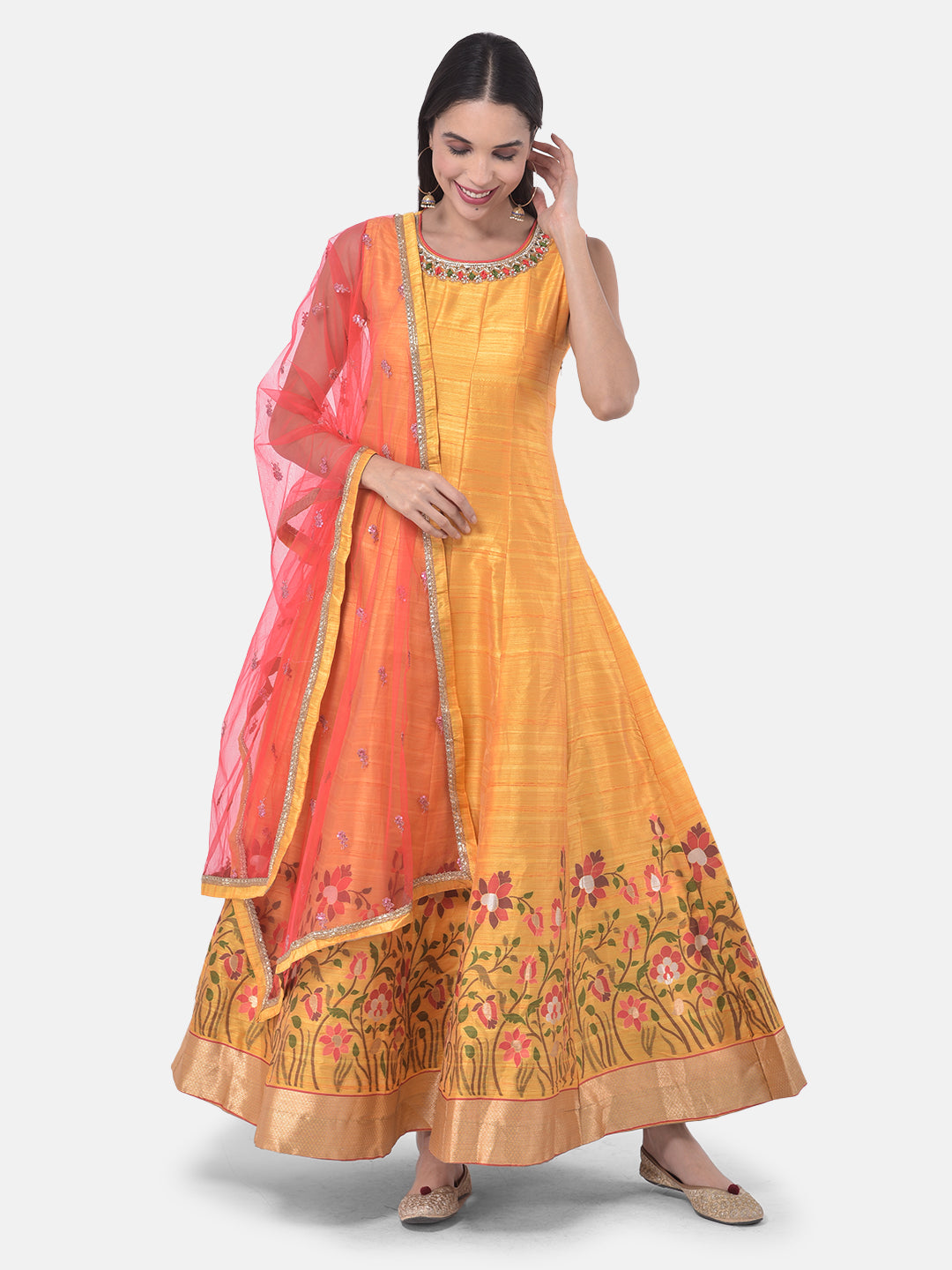 Neerus Yellow silk chiffon printed anarkali kurta set - detail view 5