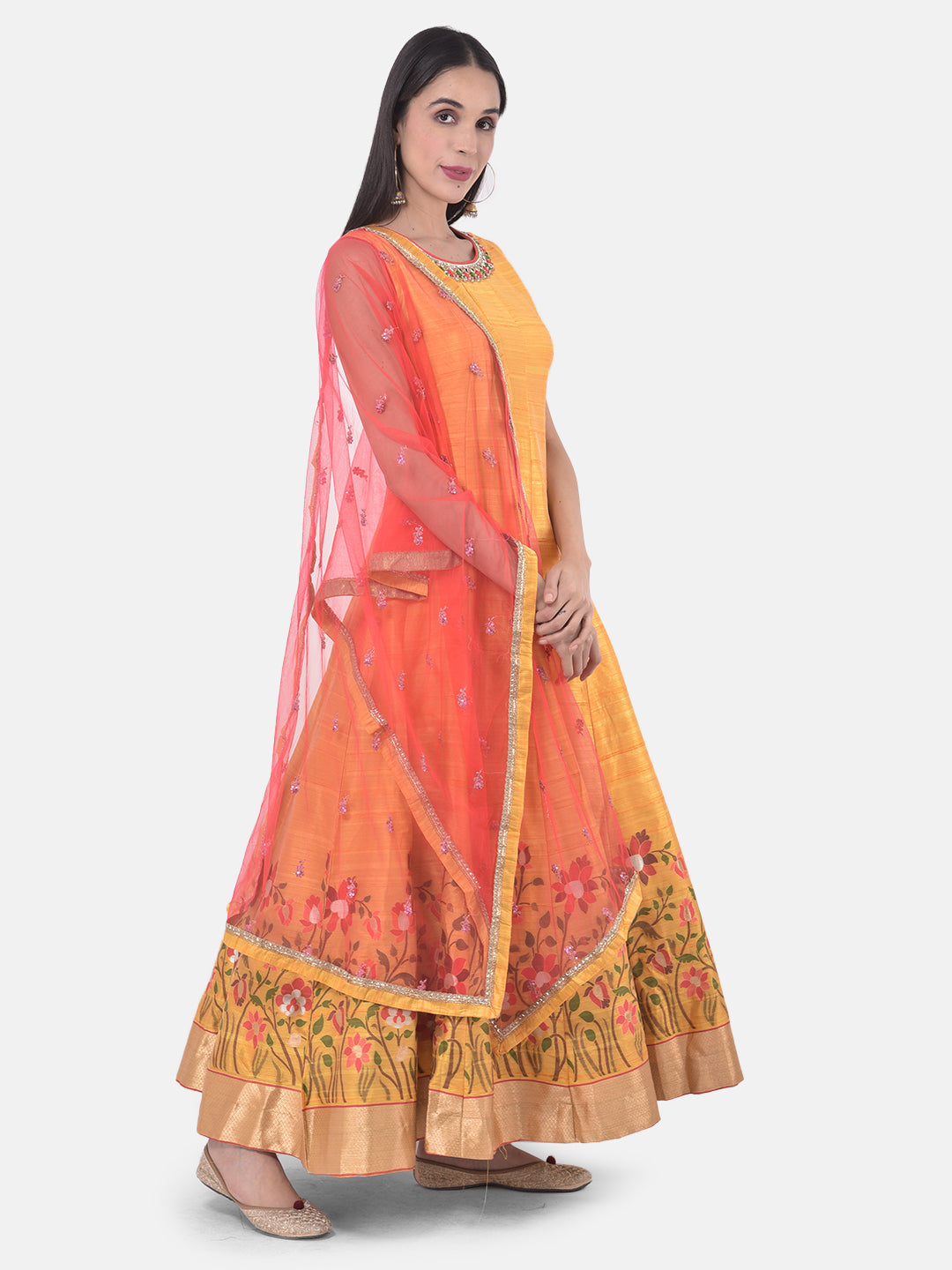 Neerus Yellow silk chiffon printed anarkali kurta set - front view