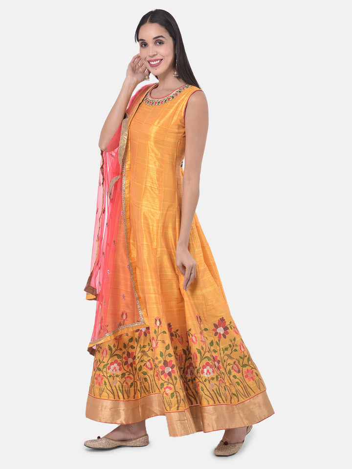 Neerus Yellow silk chiffon printed anarkali kurta set - back view