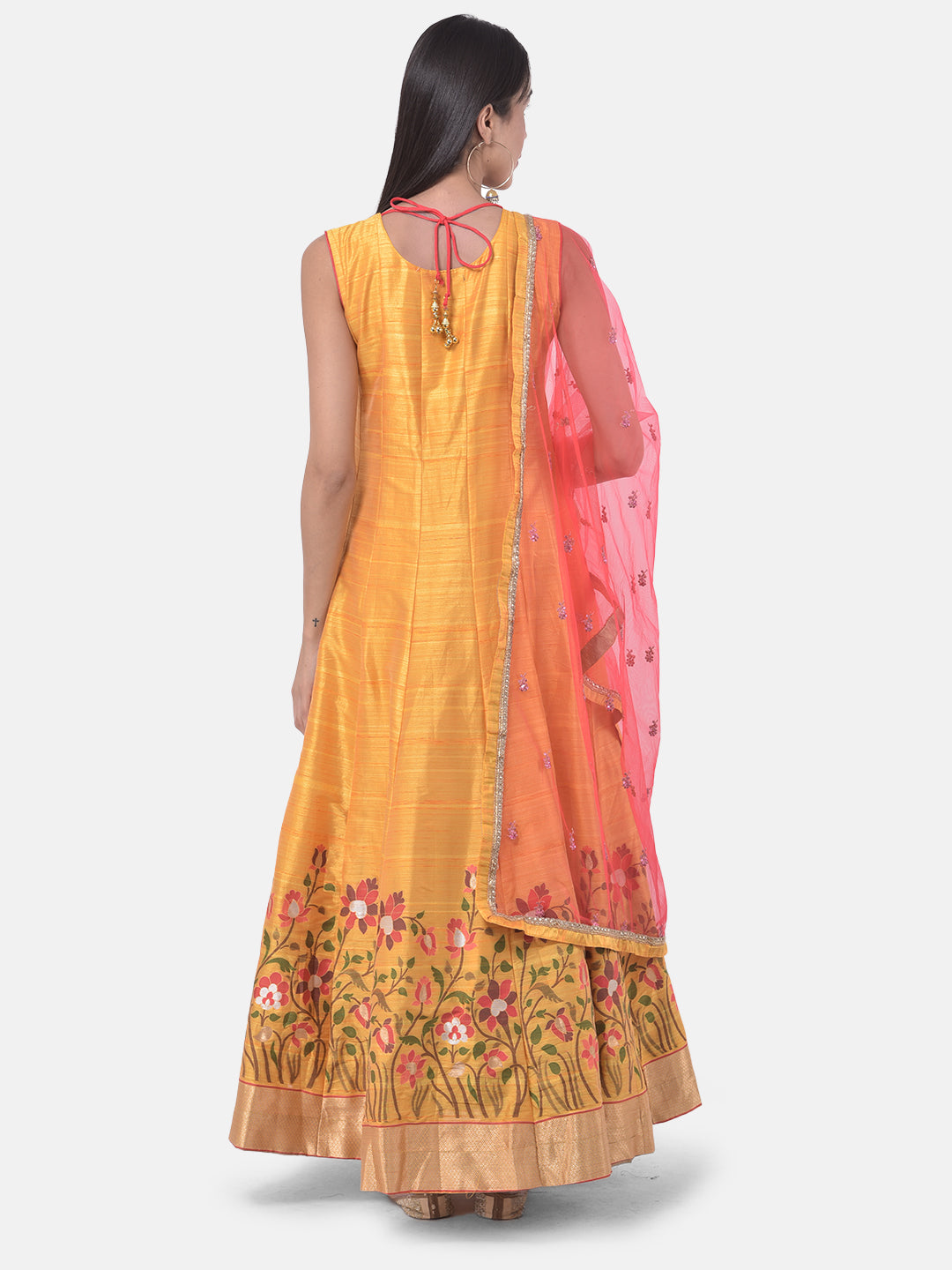 Neerus Yellow silk chiffon printed anarkali kurta set - side view