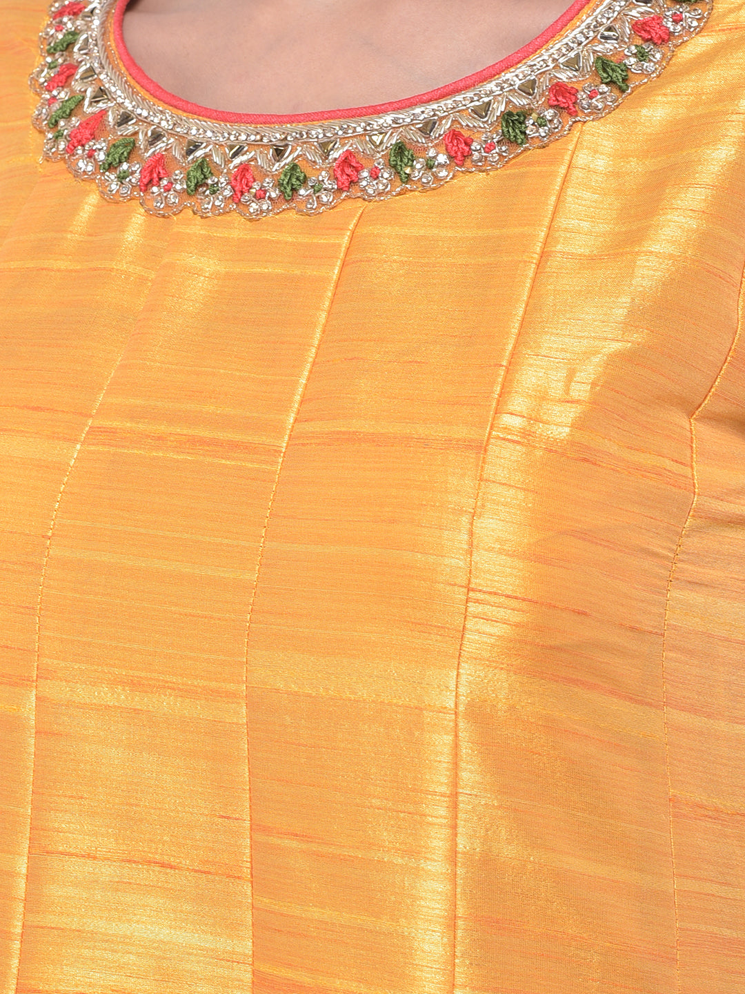 Neerus Yellow silk chiffon printed anarkali kurta set - detail view 1