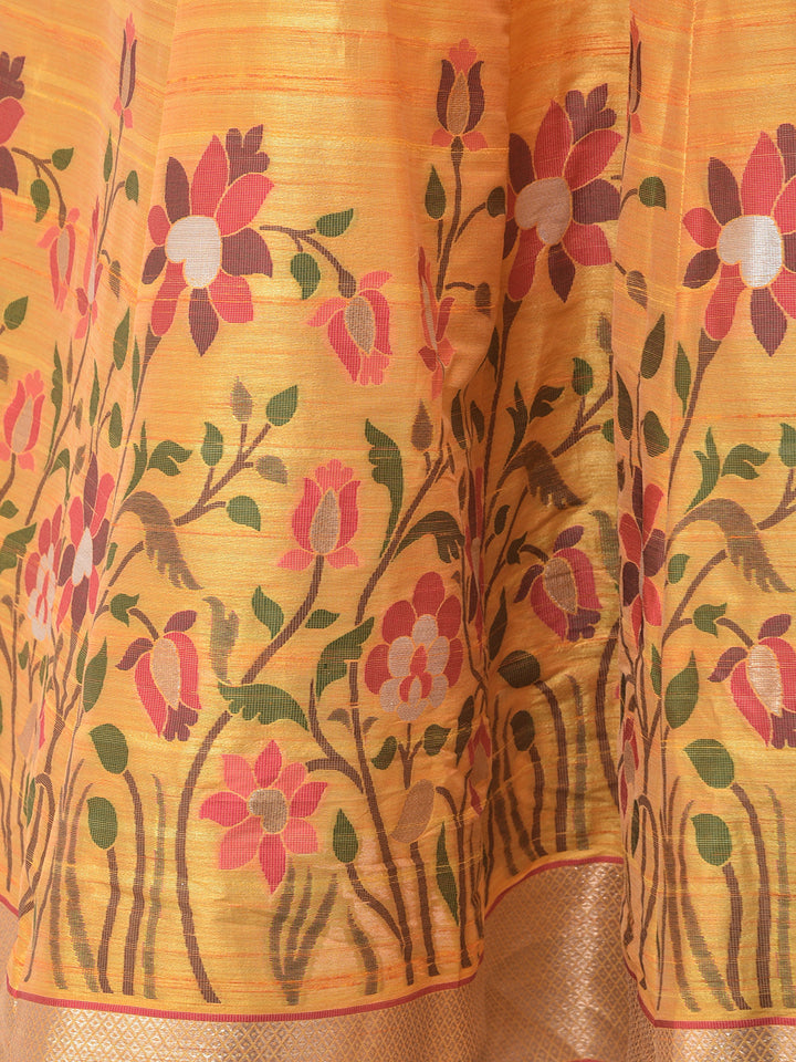 Neerus Yellow silk chiffon printed anarkali kurta set - detail view 2