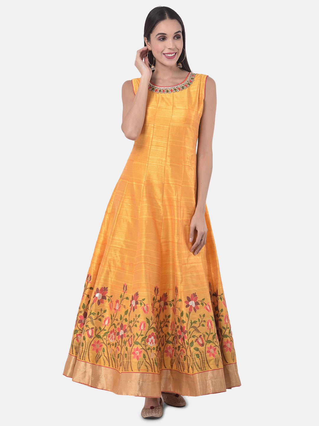 Neerus Yellow silk chiffon printed anarkali kurta set - detail view 4