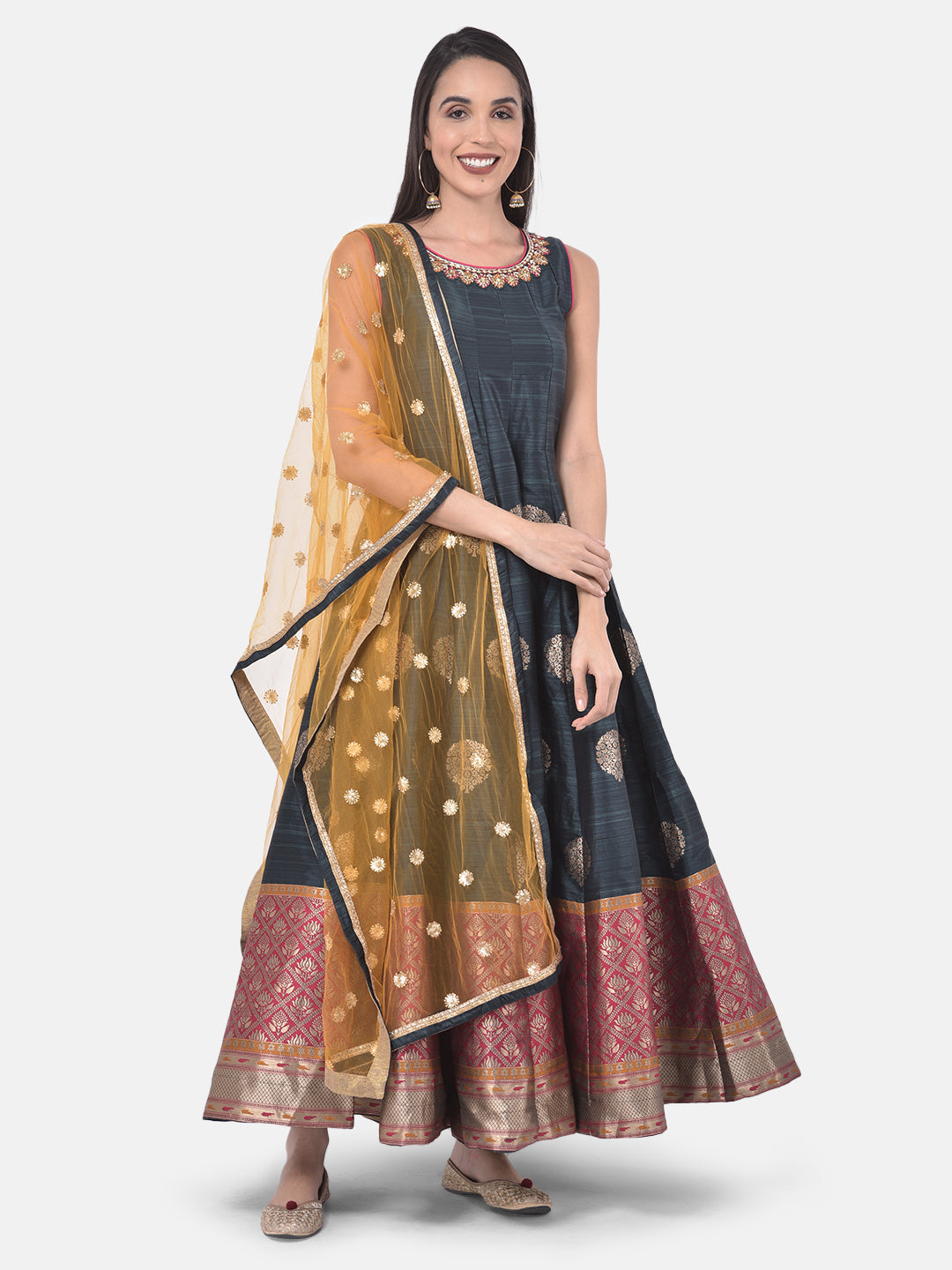 Neerus Grey printed anarkali kurta with dupatta - detail view 6