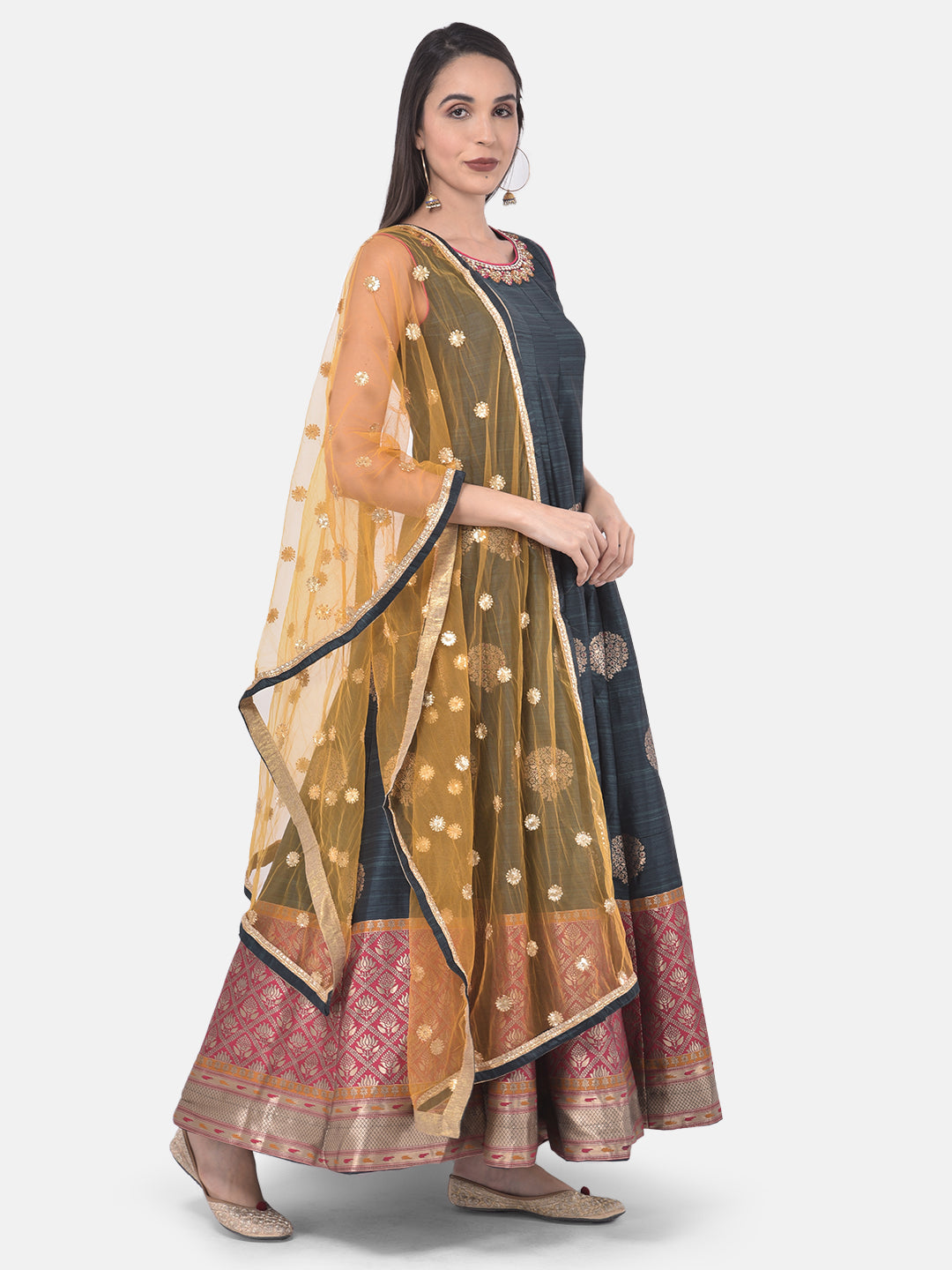 Neerus Grey printed anarkali kurta with dupatta - front view