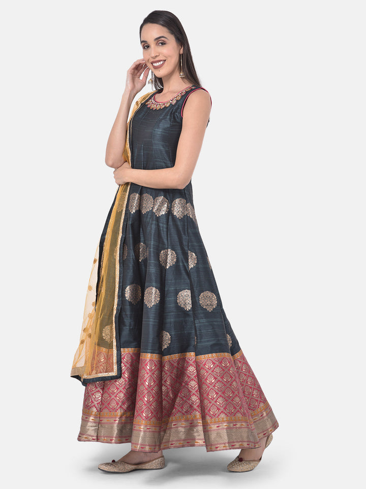 Neerus Grey printed anarkali kurta with dupatta - back view