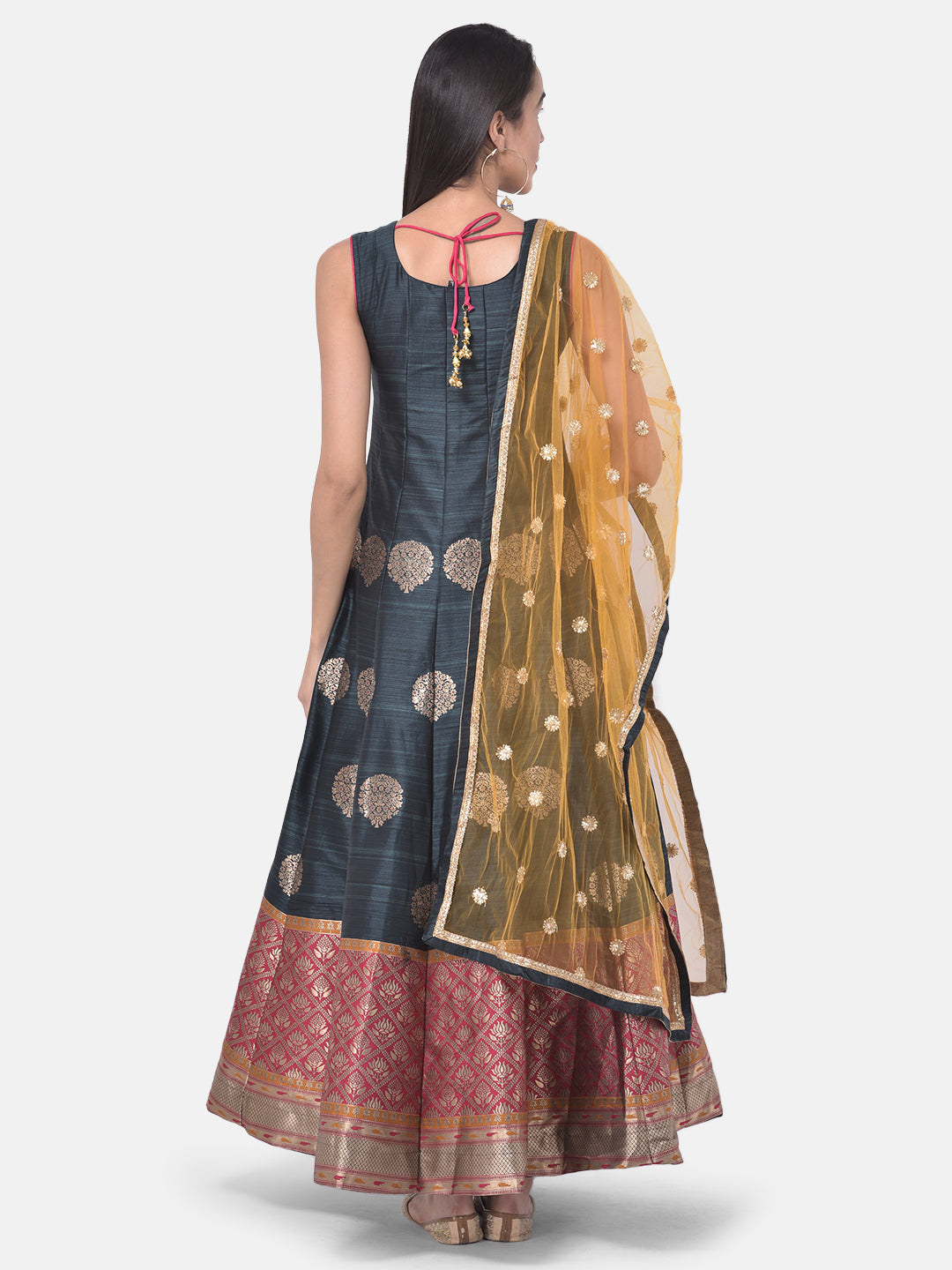 Neerus Grey printed anarkali kurta with dupatta - side view