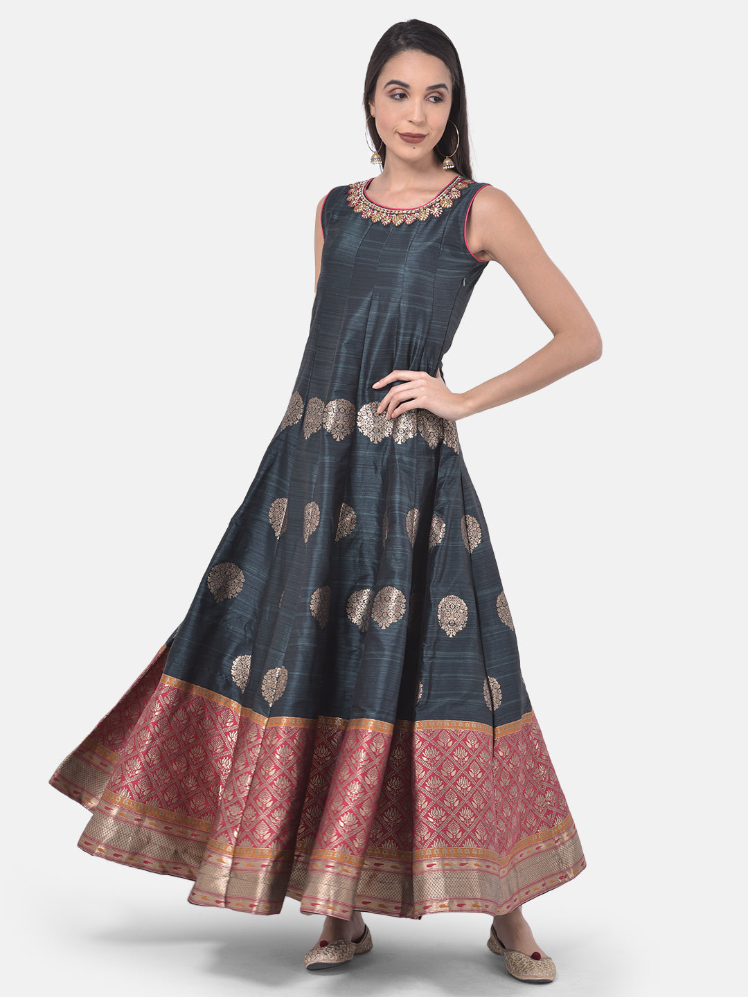 Neerus Grey printed anarkali kurta with dupatta - detail view 5