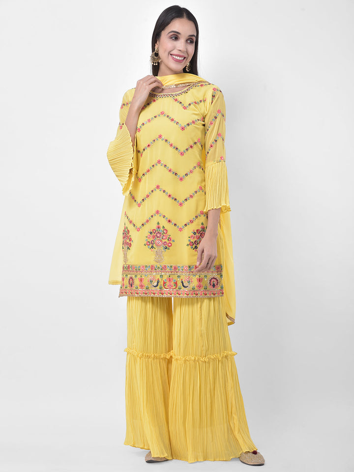 Neerus Yellow georgette embroidered sharara set - detail view 5