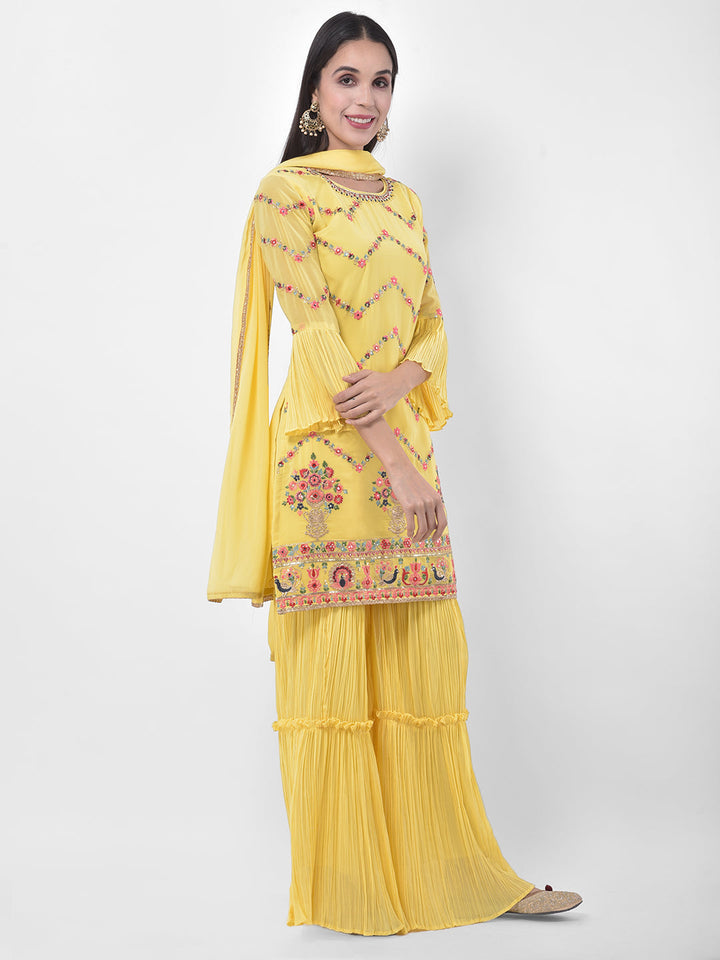 Neerus Yellow georgette embroidered sharara set - front view
