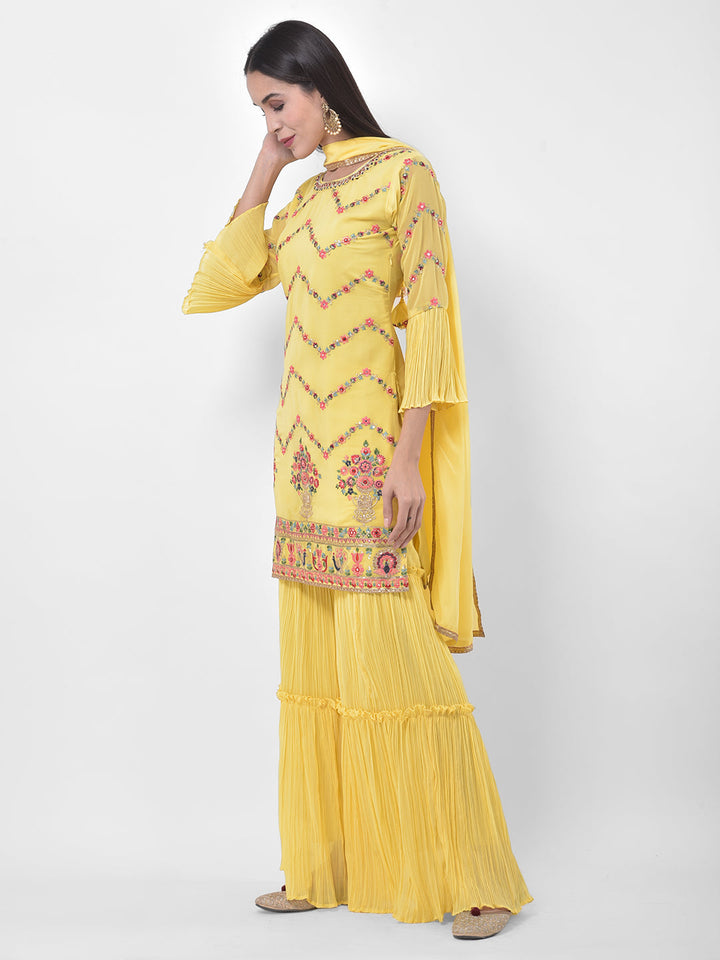 Neerus Yellow georgette embroidered sharara set - back view