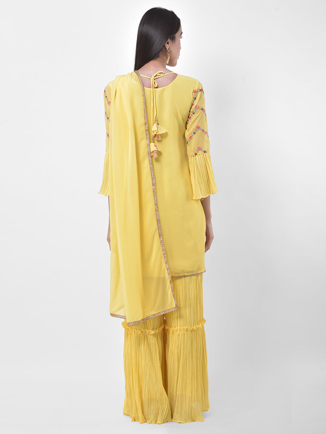 Neerus Yellow georgette embroidered sharara set - side view