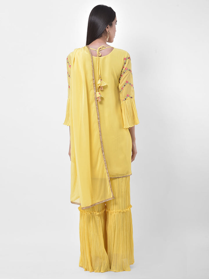 Neerus Yellow georgette embroidered sharara set - side view