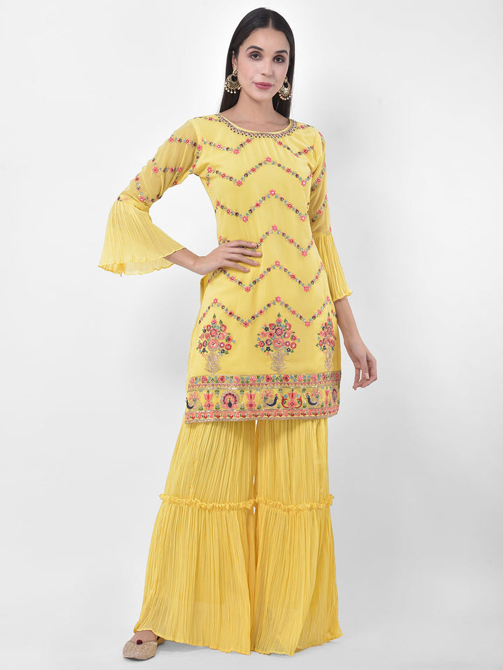 Neerus Yellow georgette embroidered sharara set - detail view 4