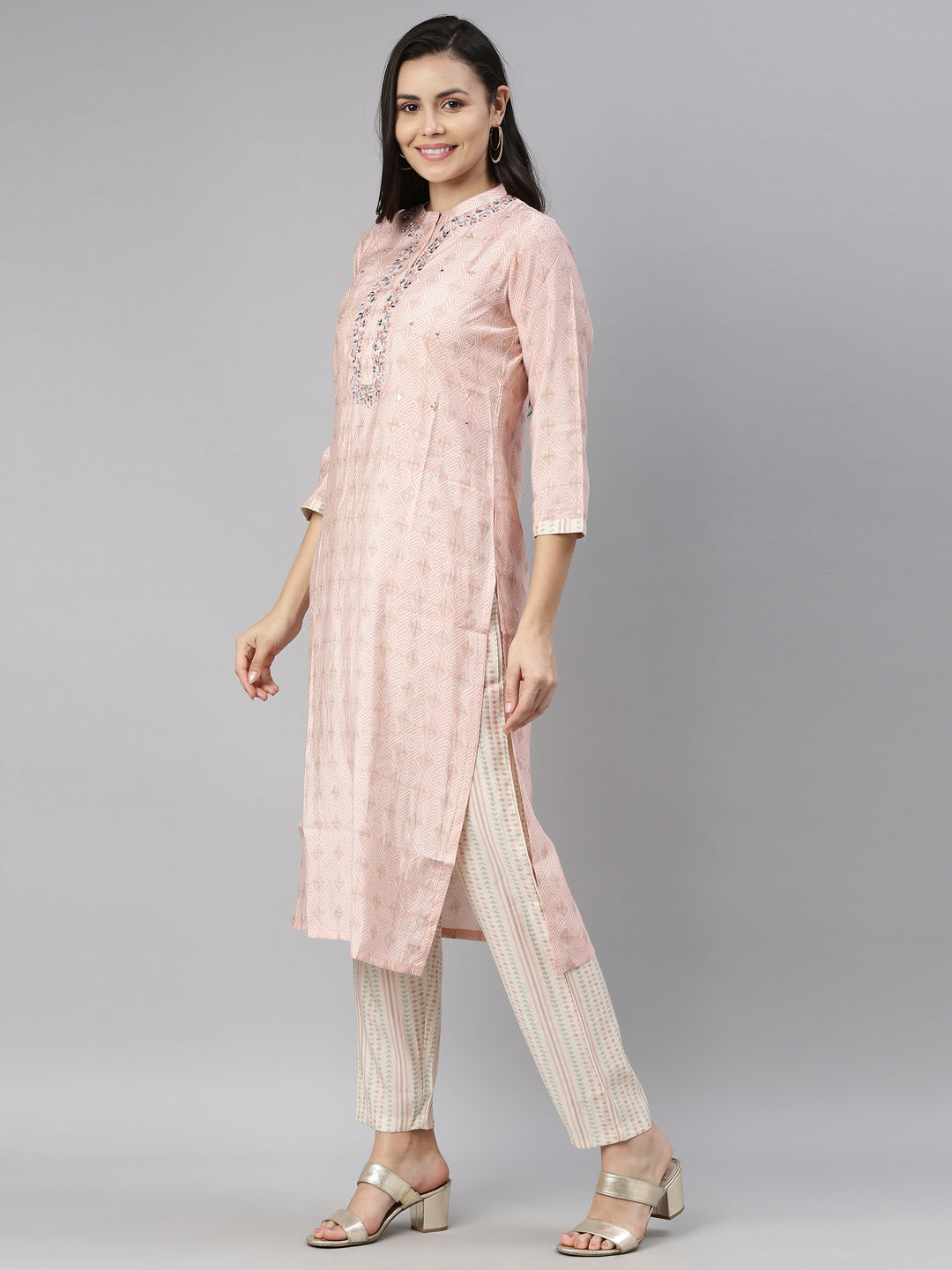 Neerus Pink printed mirror work kurta set - back view