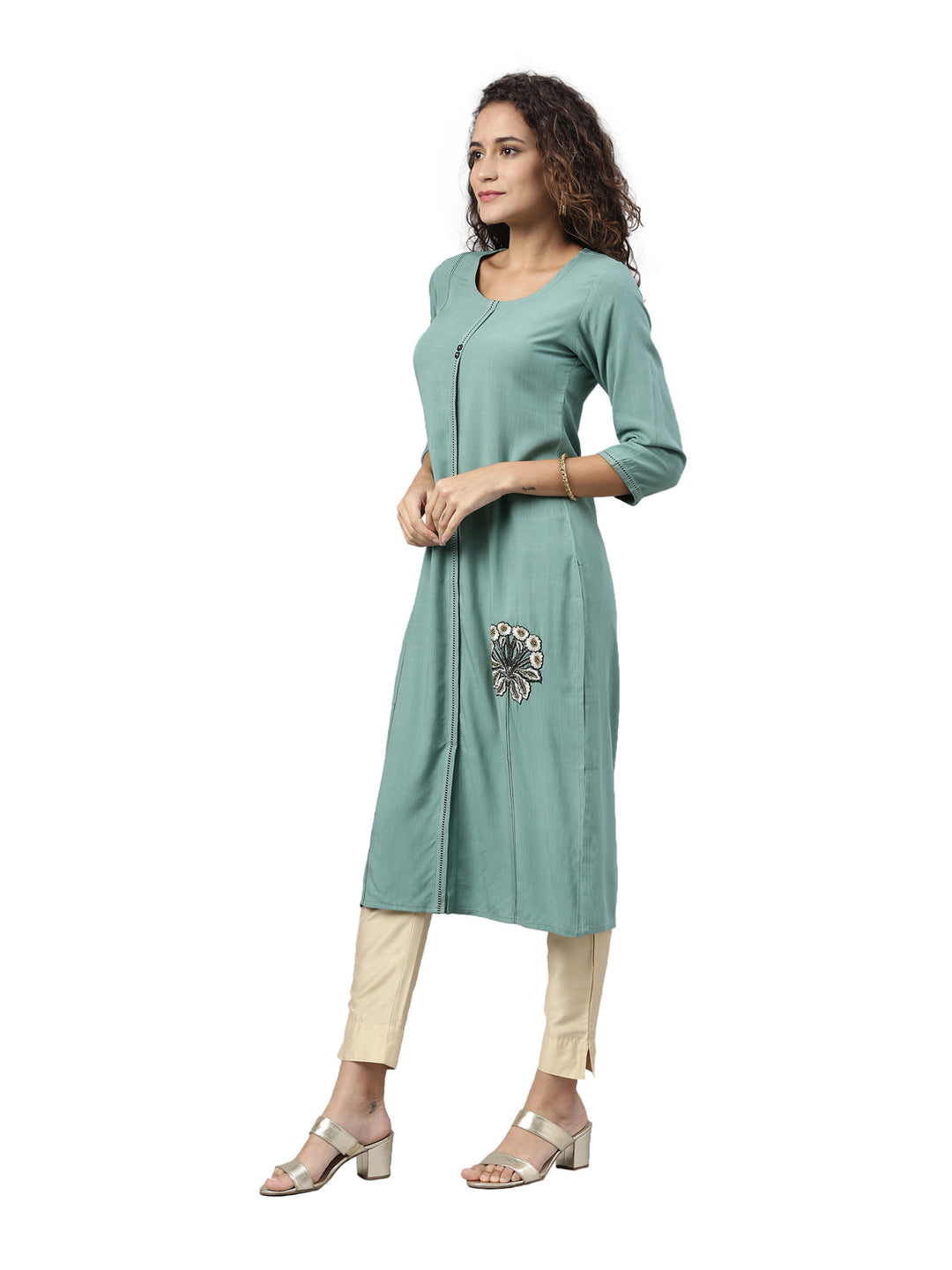Neerus Blue cotton solid kurti - back view