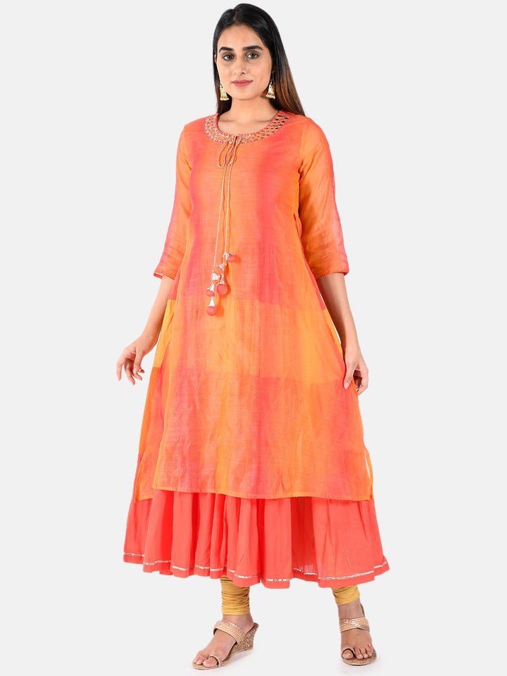 Neerus Orange Chanderi A-line layered kurti - back view