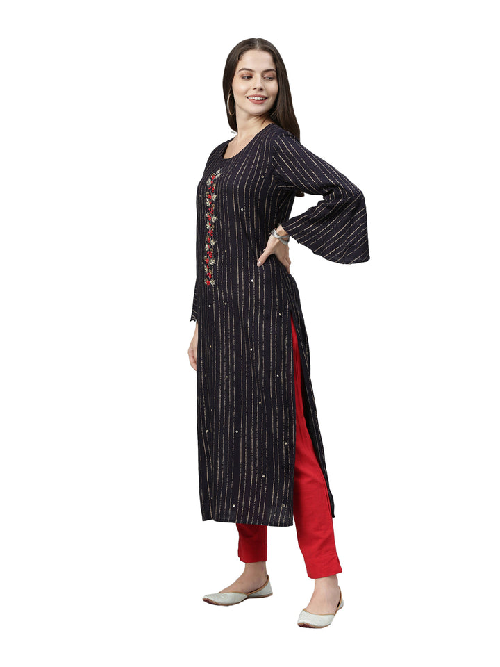 Neerus Blue striped printed rayon kurti - back view