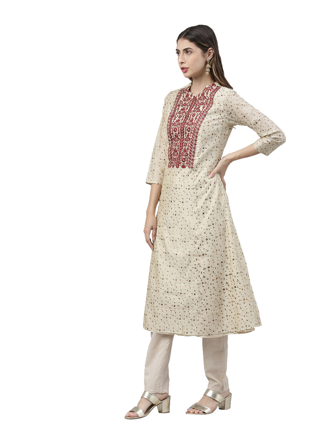 Neerus Beige printed suit set with trousers and dupatta - back view