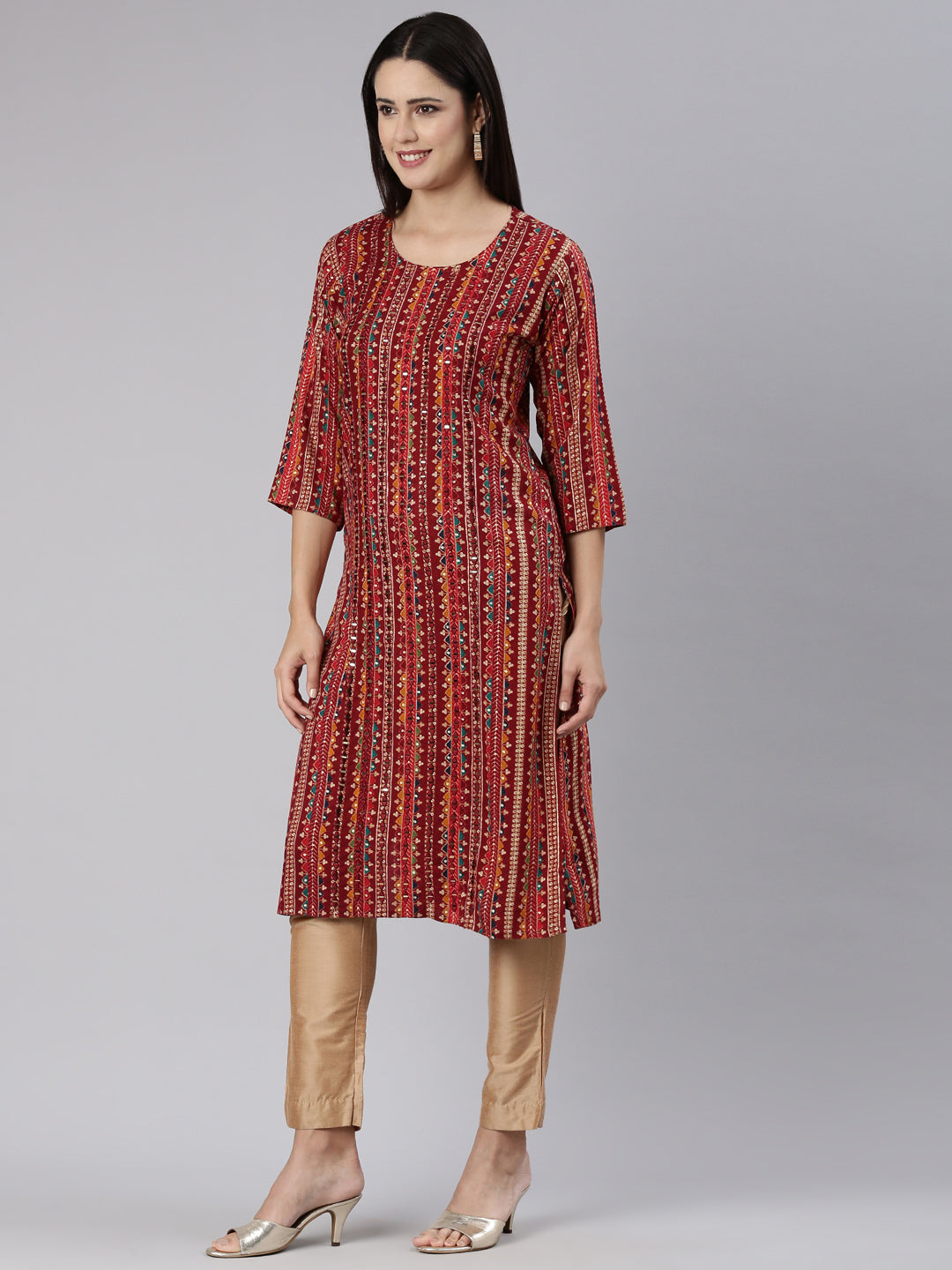 Neerus Maroon chevron printed straight kurti - back view