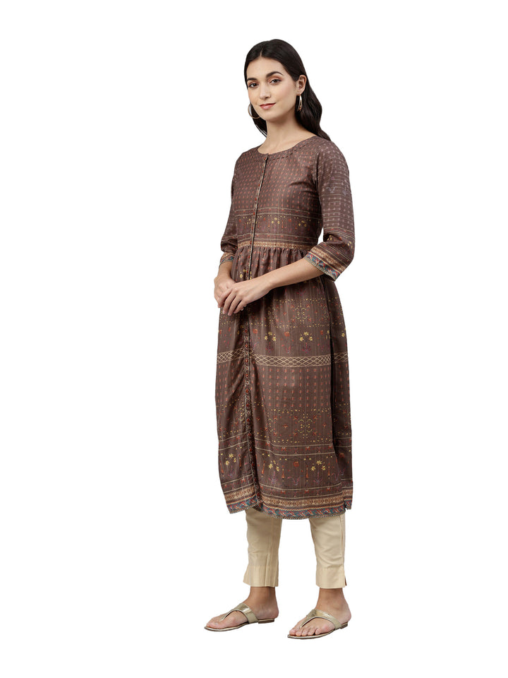 Neerus Brown printed anarkali kurta ethnic motifs - side view