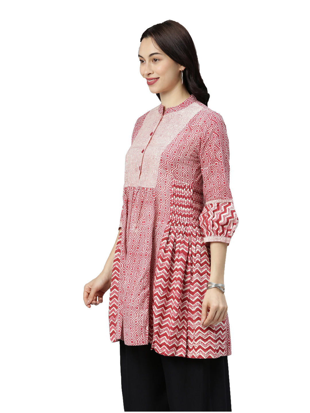 Neerus Red printed A-line kurta - back view