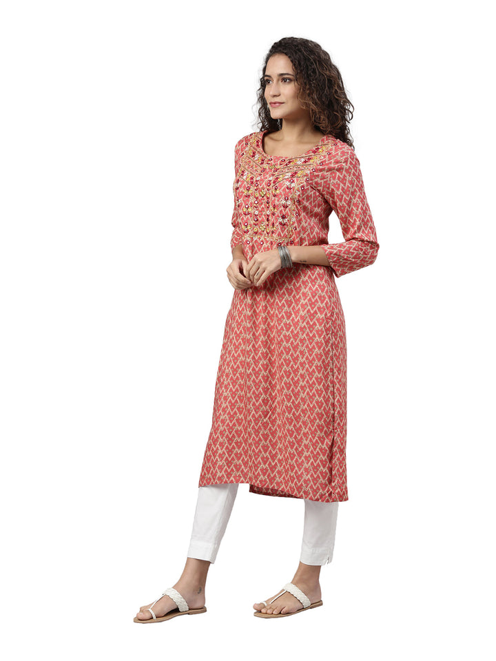 Neerus Red mirror work printed kurta - back view