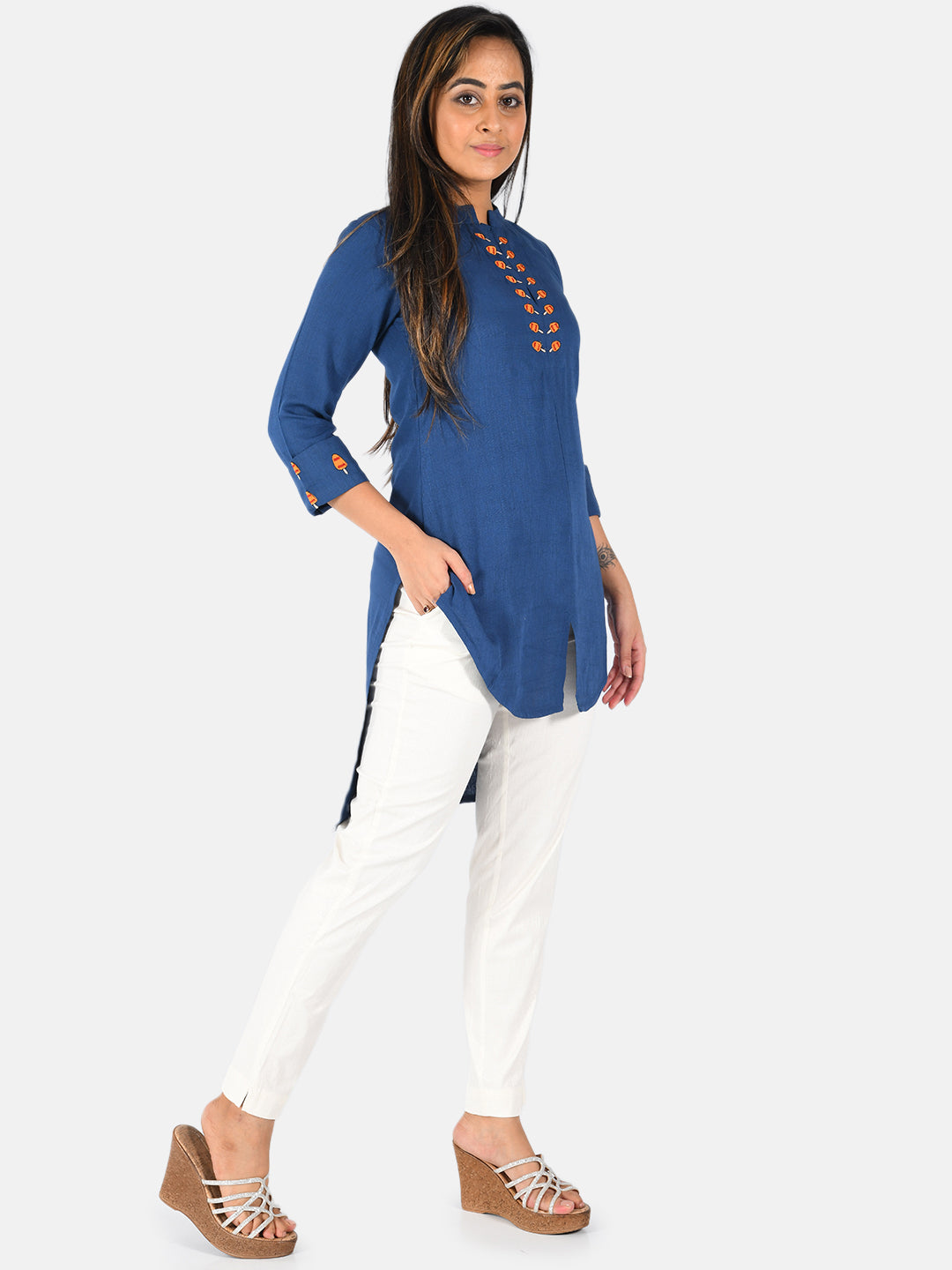 Neerus Blue solid straight kurta - back view