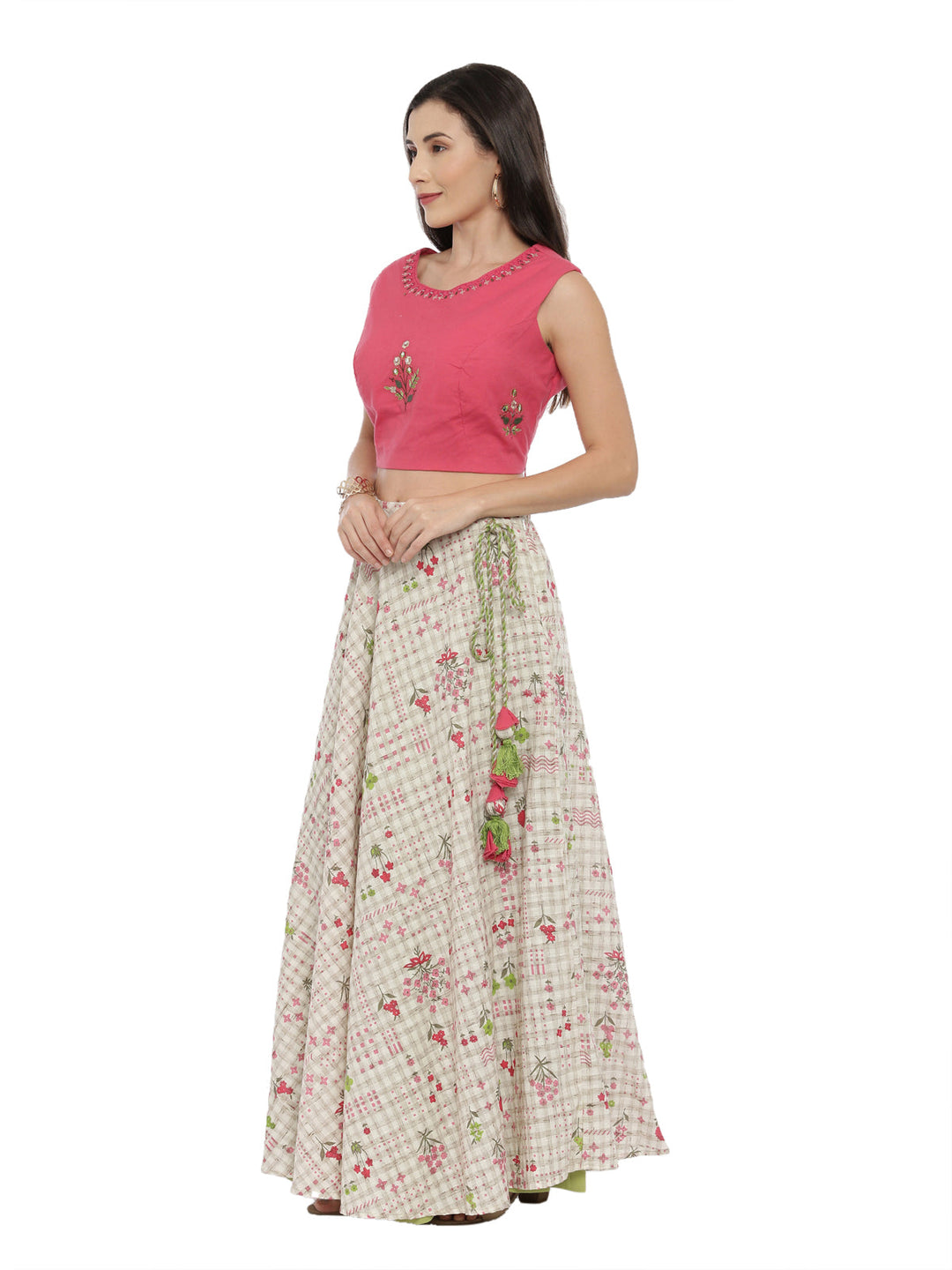 Neerus Beige mirror work embroidered lehenga set - back view