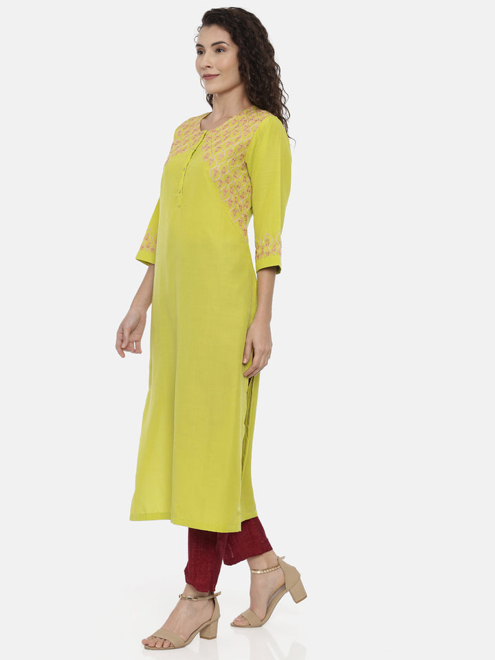 Neerus Yellow rayon thread embroidered kurti - back view