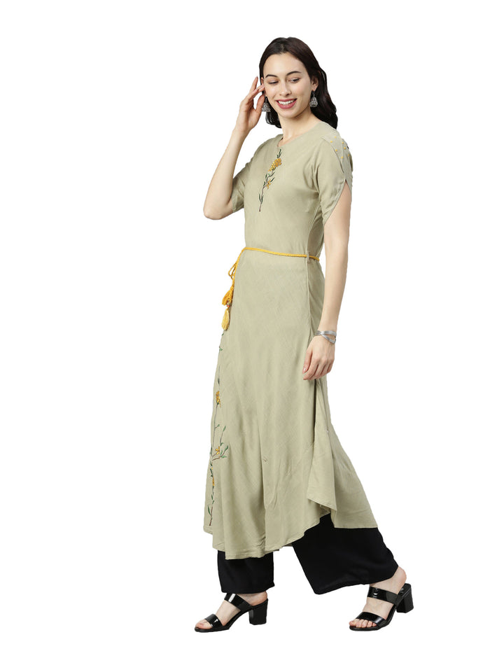 Neerus Green rayon thread embroidered kurti - back view