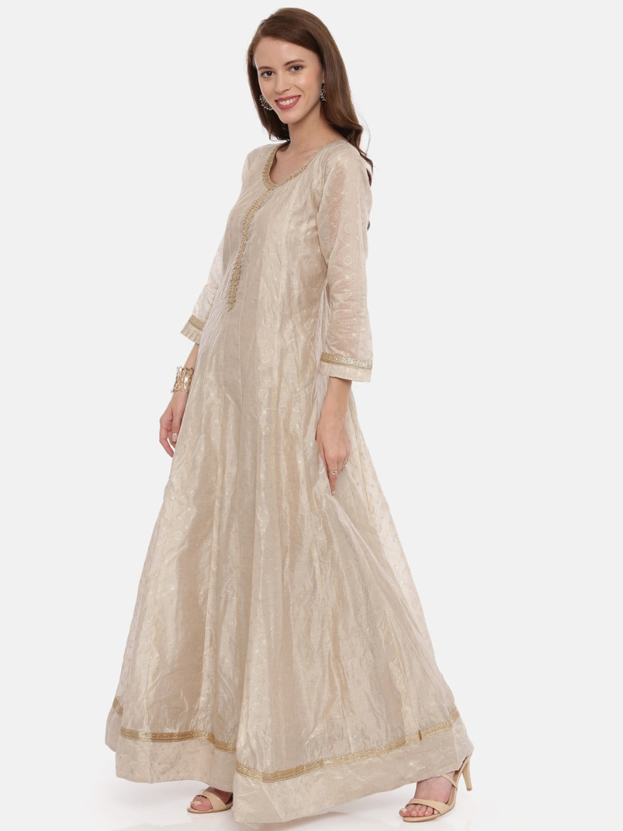 Neerus Beige Chanderi embroidered anarkali suit set - side view