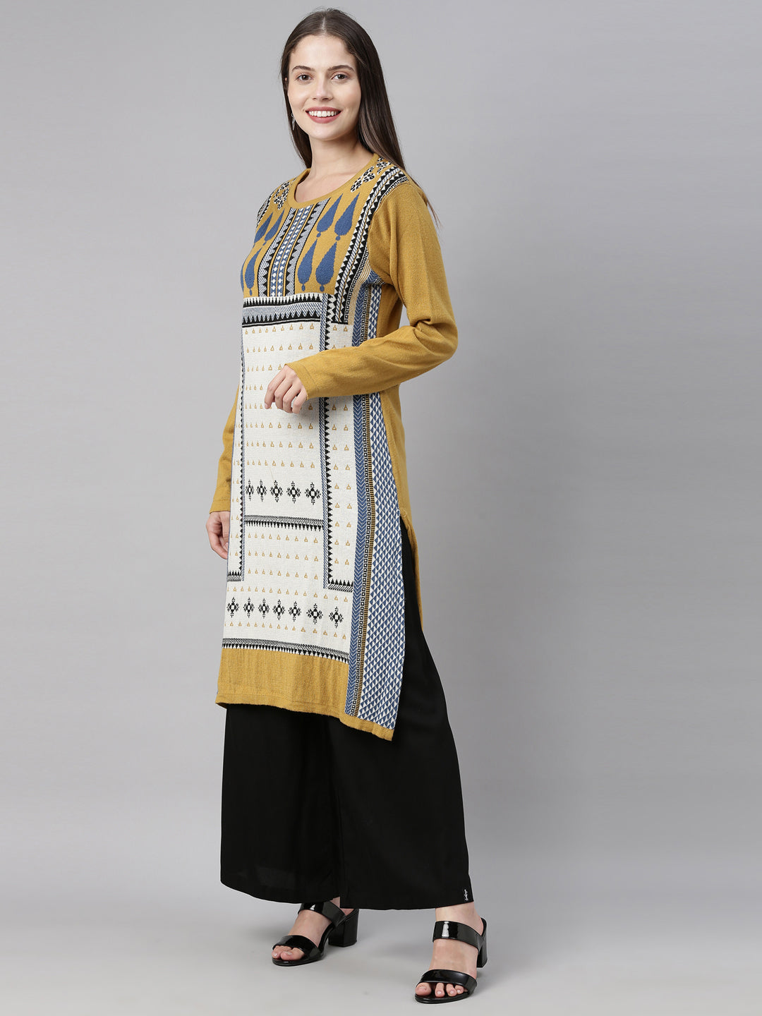 Neerus Yellow acrylic printed kurta geometric design - back view