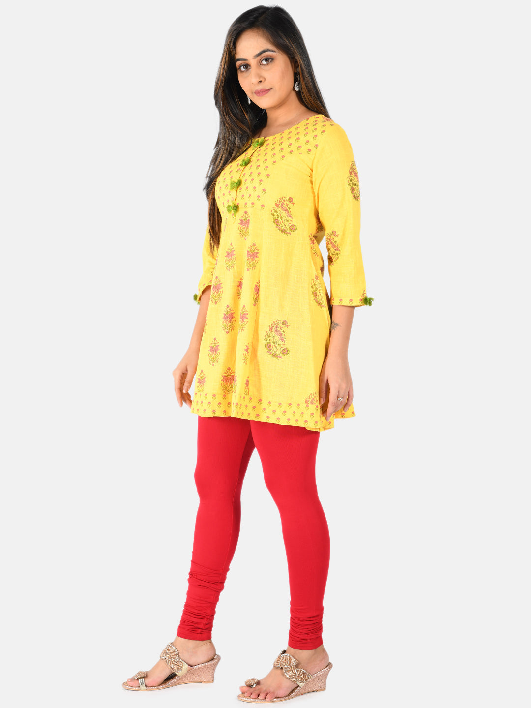 Neerus Yellow cotton printed A-line kurti - back view