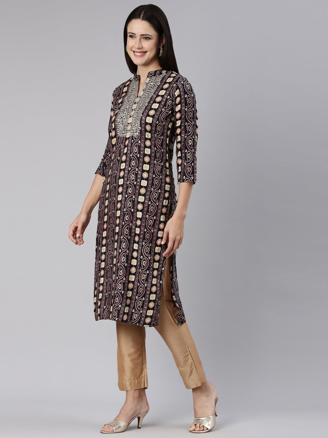 Neerus Black printed paisley straight kurti - back view