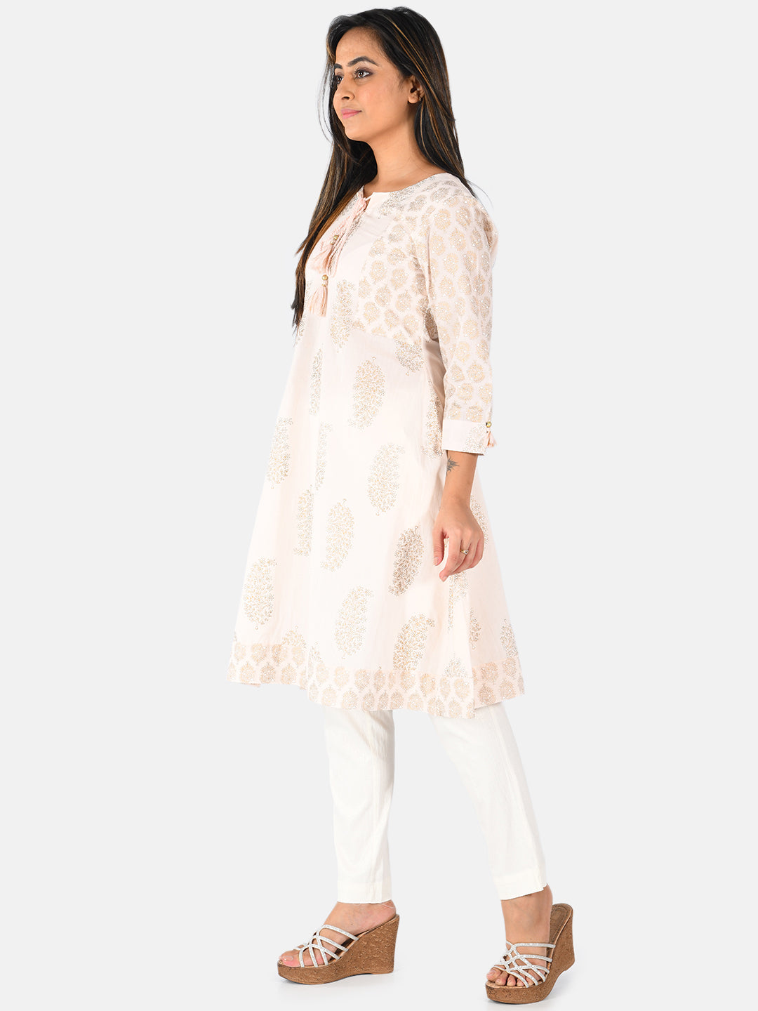 Neerus Orange cotton printed A-line kurti - back view