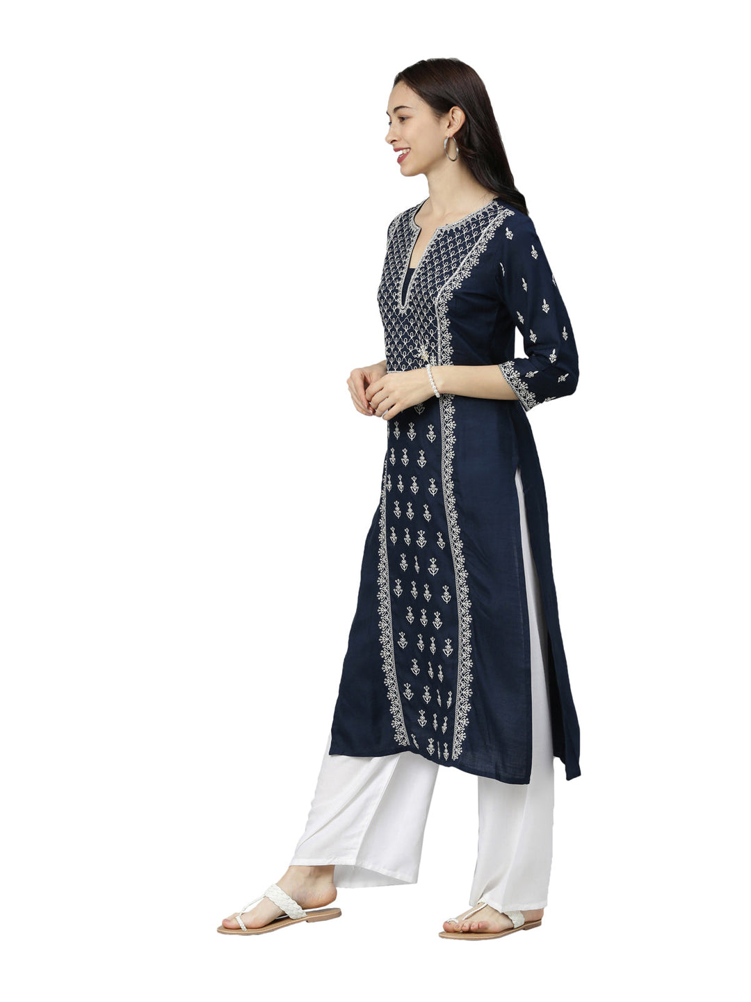 Neerus Blue thread embroidered floral kurta - back view