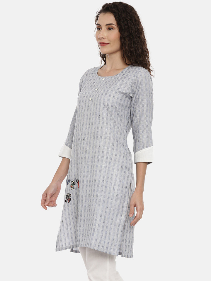 Neerus Grey printed geometric kurta for women - back view