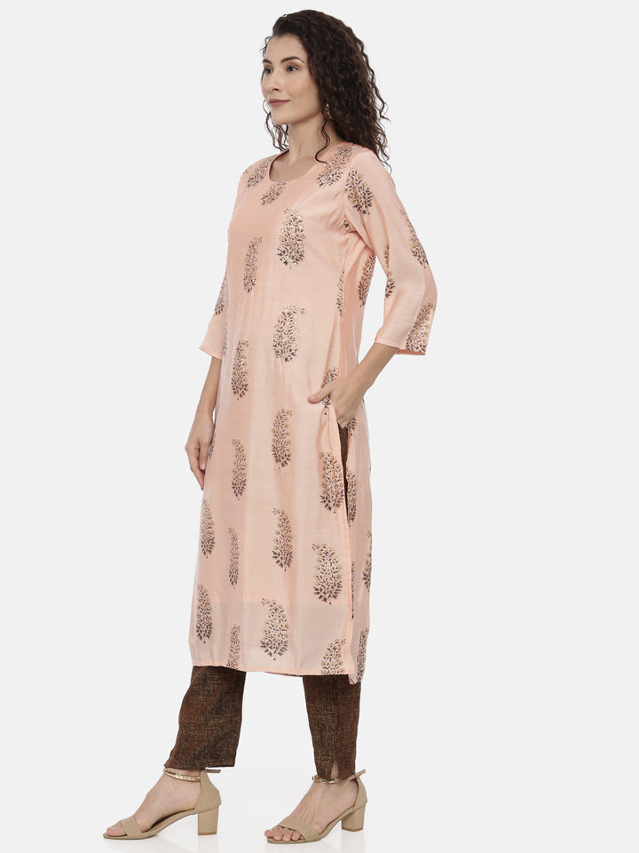 Neerus Beige rayon printed kurti - back view