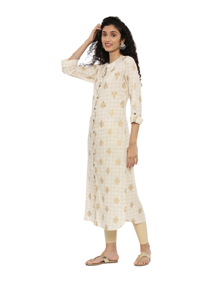 Neerus Beige cotton thread embroidered kurti - back view