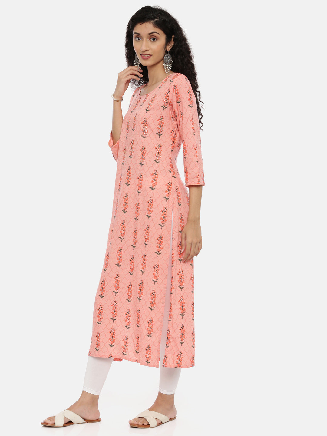 Neerus Orange printed ethnic kurta for women - back view