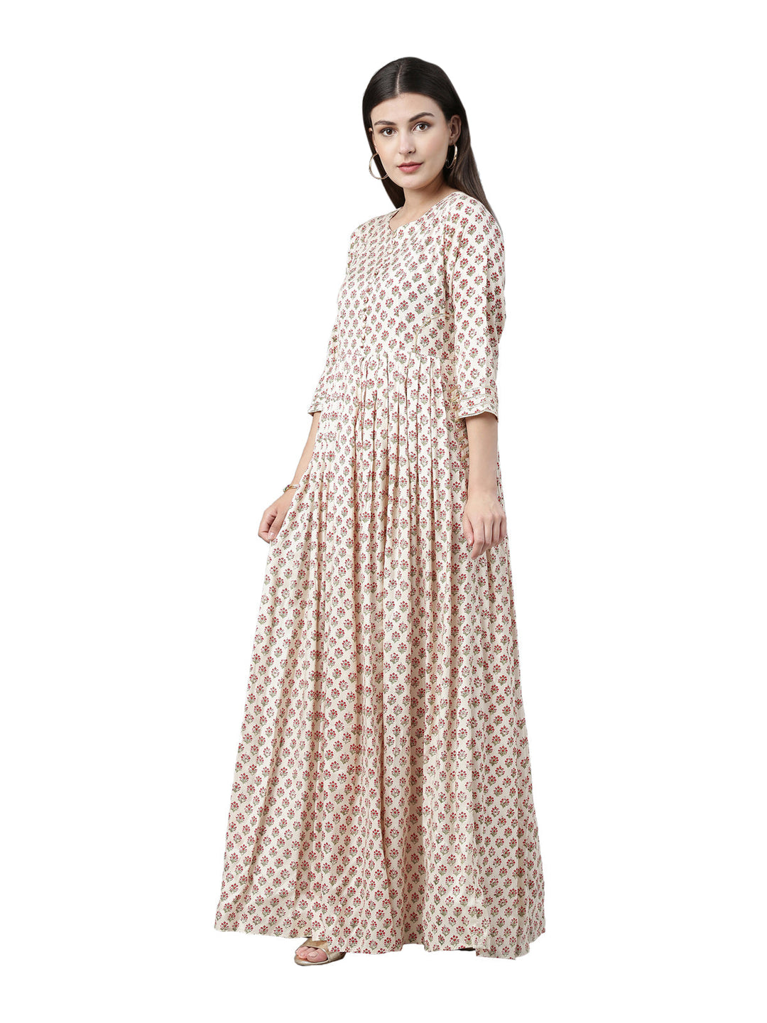 Neerus Beige floral printed anarkali kurta - back view