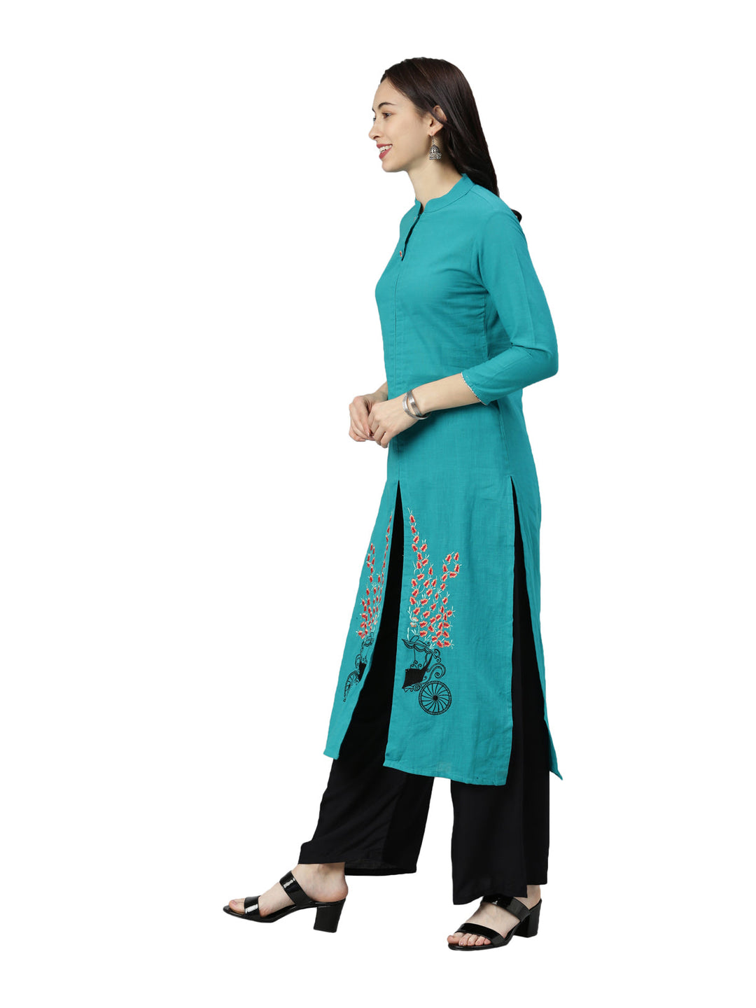 Neerus Green solid straight kurti for women - back view