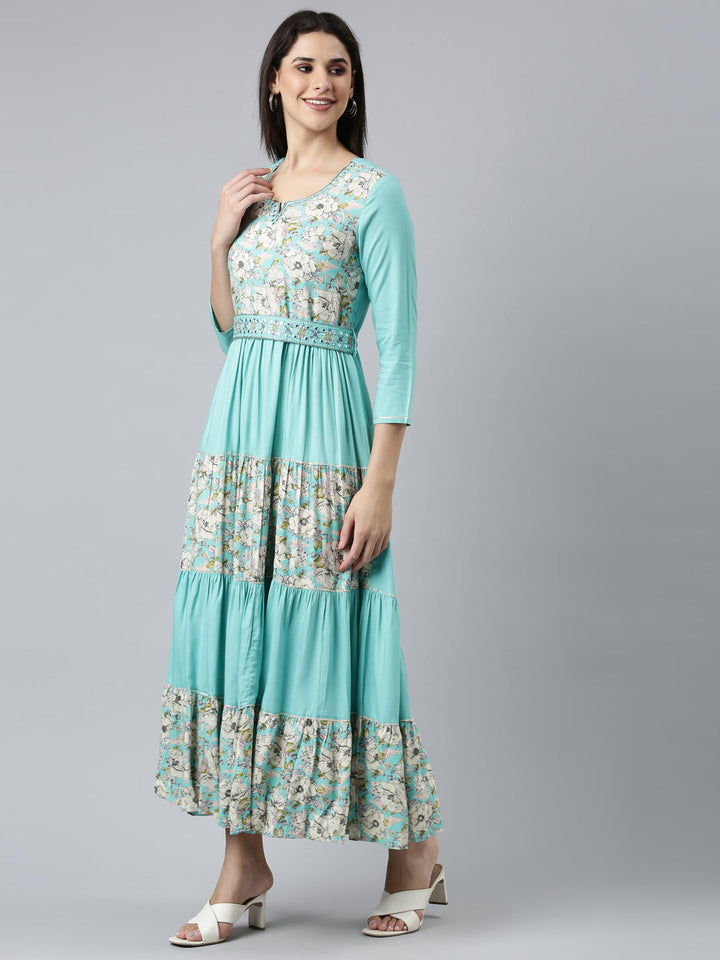 Neerus Sea Green Straight Casual Embroidered Dress