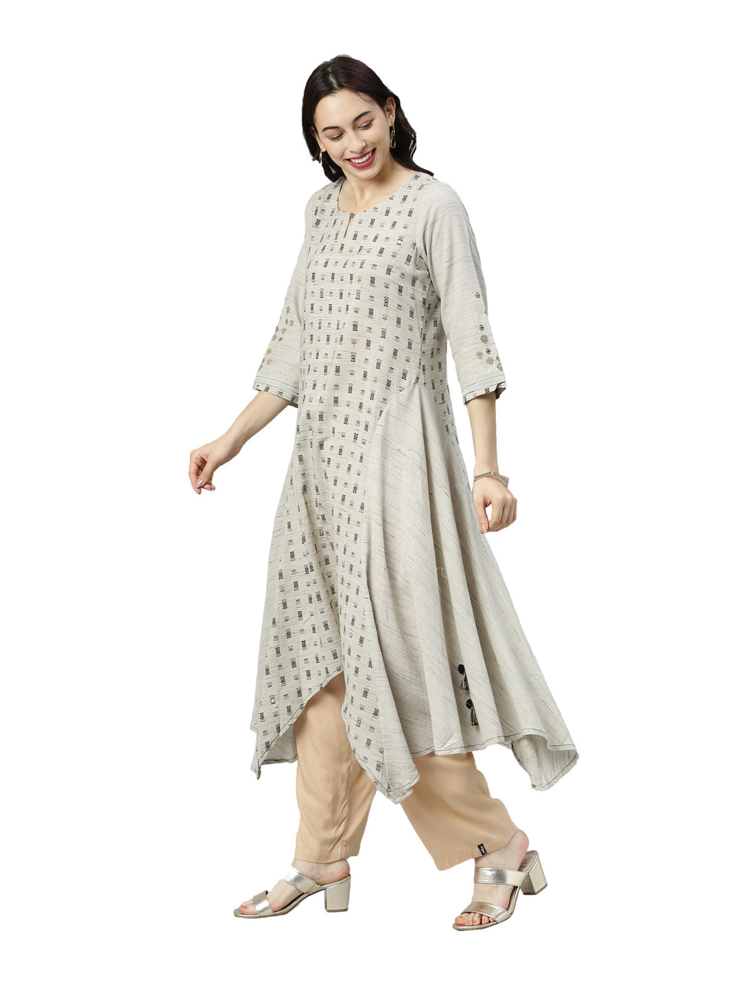 Neerus Grey printed ethnic kurta keyhole neck - back view