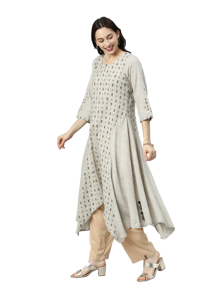 Neerus Grey printed ethnic kurta keyhole neck - back view