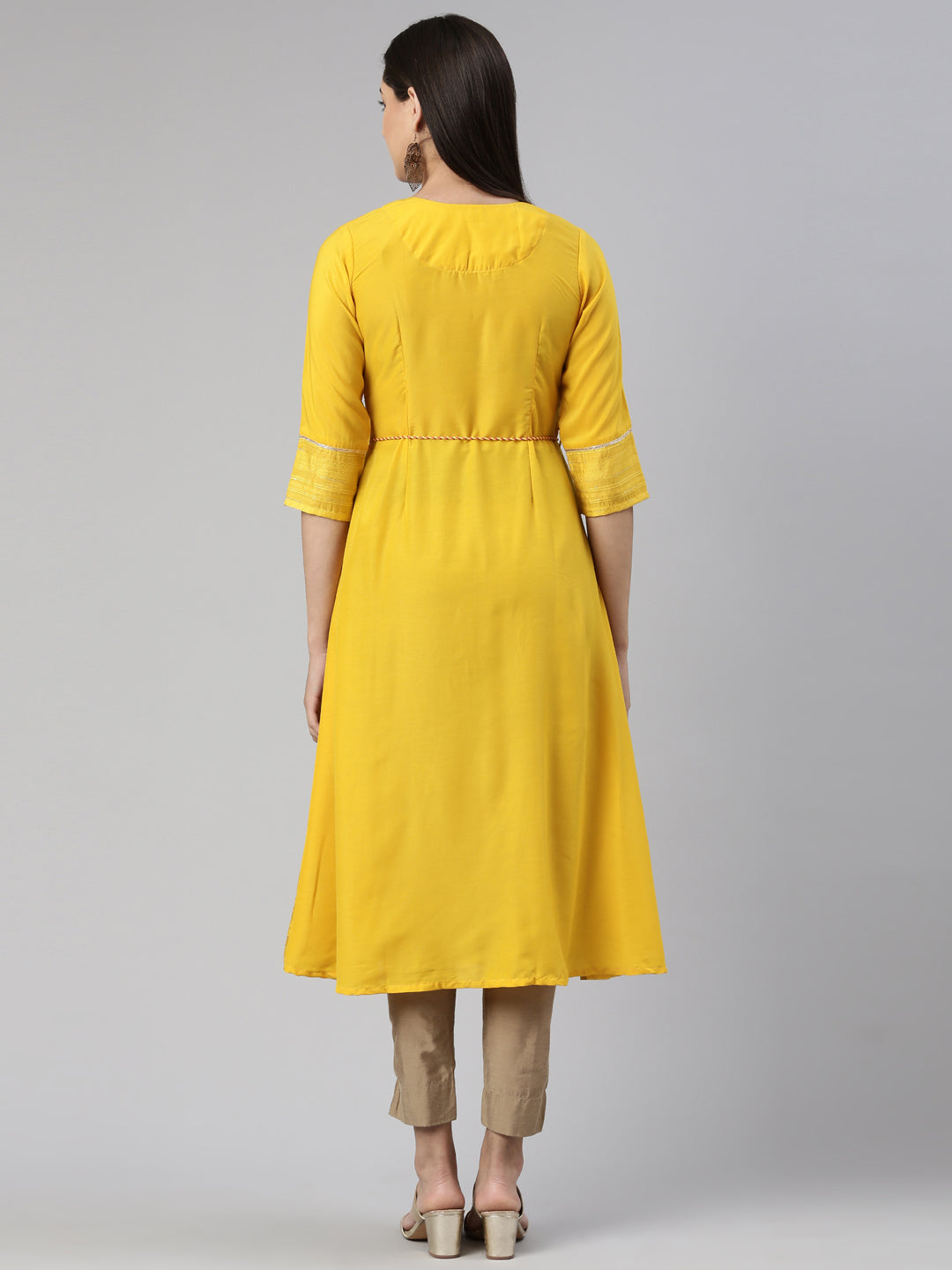 Neerus Yellow cotton embroidered anarkali kurta - side view